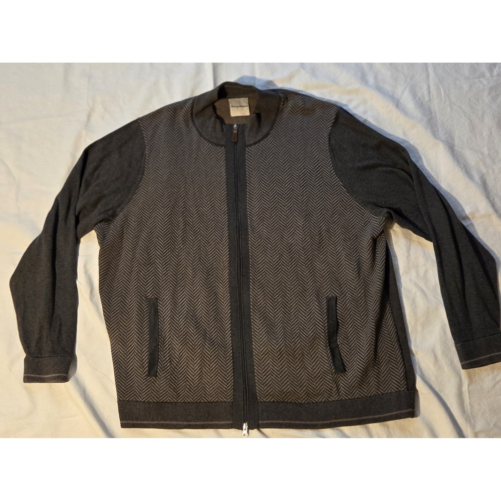 Tommy Bahama Men's 3XL Full Zip Sweater Jacket Gray Herringbone 100% Cotton